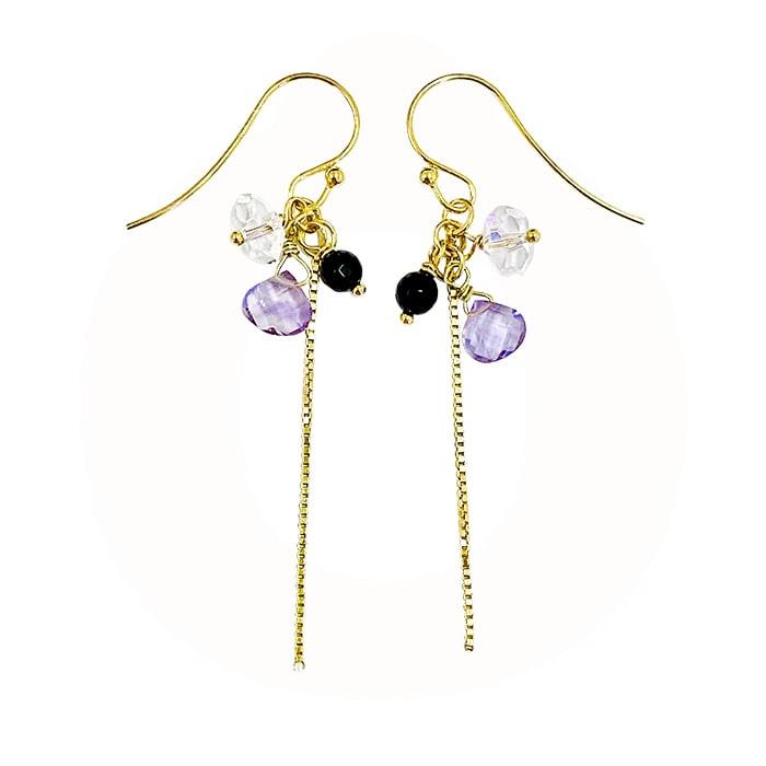 LuvaLu Jewellery - Ørebøjler Med Kvarts, Ametyst og Onyx - forgyldt sterlingsølv LS60242G